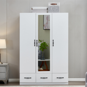 74.2" H Mirror 3 Doors Closet Wardrobe 3 Drawers White Wood Wardrobe Closet Armoire Freestanding Bedroom Closet Cabinet Armoire with Hanging Rod Woode