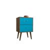 Manhattan Comfort Liberty Mid-Century Modern Nightstand 2.0 with 2 Full Extension Drawers in Rustic Brown and Aqua Blue